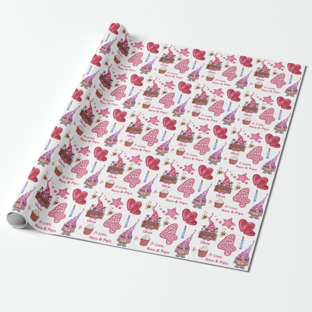 Papier Cadeau Jolie fille rose Gnome 4 ans Anniversaire (Déroulé)