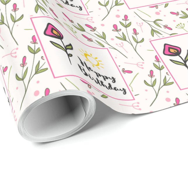 Papier Cadeau Jolie Fleurs sauvages et Illustration du soleil An (Coin rond)