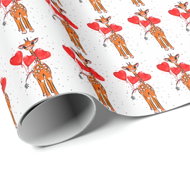 Papier Cadeau Jolie girafe de Saint-Valentin avec ballons de coe (Coin rond)