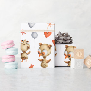 Papier Cadeau Jolie illustration Chouette bébé Étoiles et Coeurs