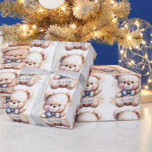Papier Cadeau Jolie Ourson Fête de Naissance C'est un Garçon Aqu