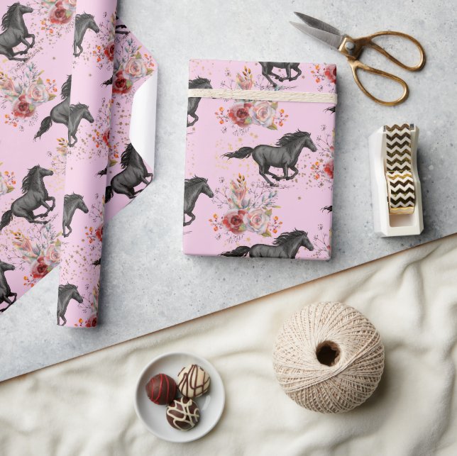 Papier Cadeau Jolie Parties scintillant Horse Flowers Anniversai (Artisanat)
