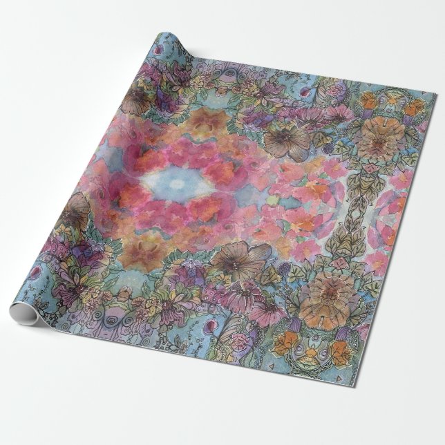 Papier Cadeau Jolie peinture à l'aquarelle du jardin de fleurs c (Déroulé)