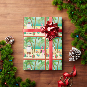 Papier Cadeau Jolie Père Noël et oiseaux tropicaux Noël de plage