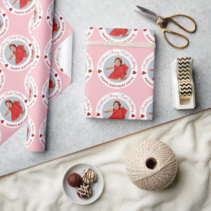 Papier Cadeau Jolie photo de premier anniversaire rose fille aux