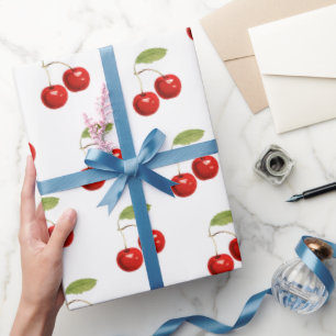 Papier Cadeau Jolie Rétro Cerises Rouges Sur Blanc