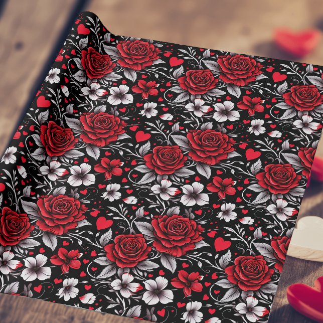 Papier Cadeau Jolie, Rouge, Roses noires et blanches, Coeurs (Créateur téléchargé)