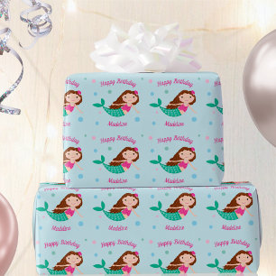 Papier Cadeau Jolie sirène bleue Anniversaire personnalisé