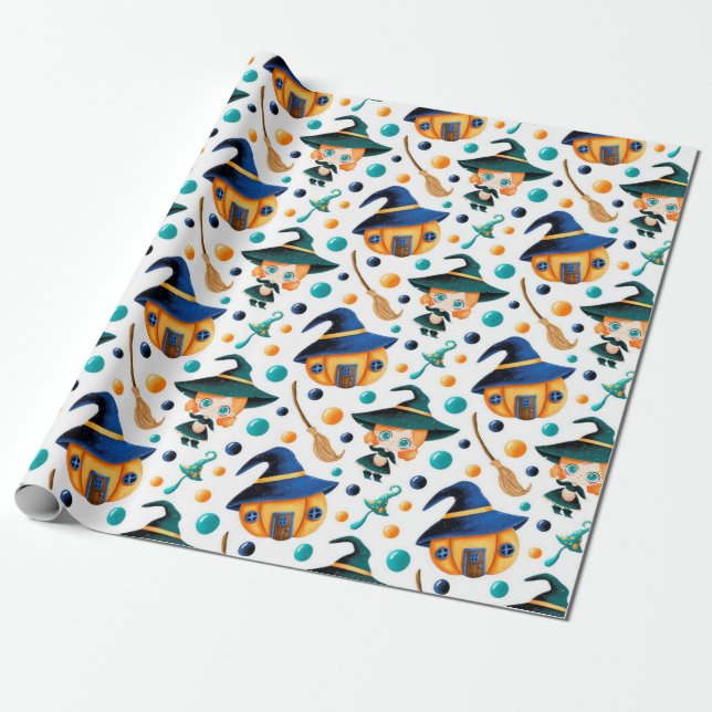 Papier Cadeau Jolie sorcière Citrouille Motif de la maison (Déroulé)