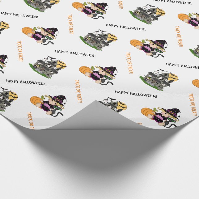 Papier Cadeau Jolie sorcière Halloween et maison hantée (Coin)