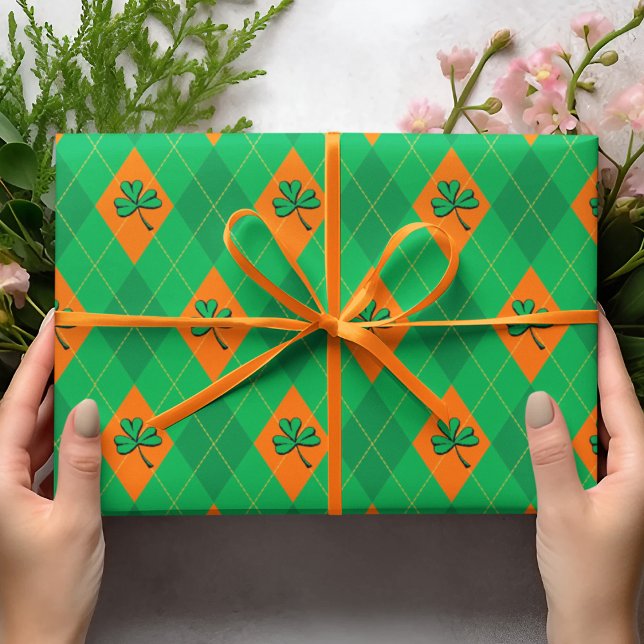 Papier Cadeau Jolie St. Patrick's Day Jacquard vert Enfants (Cute St. Patrick's Day Green & Orange Argyle Kids Wrapping Paper Diamond Pattern Yellow Dotted Lines)