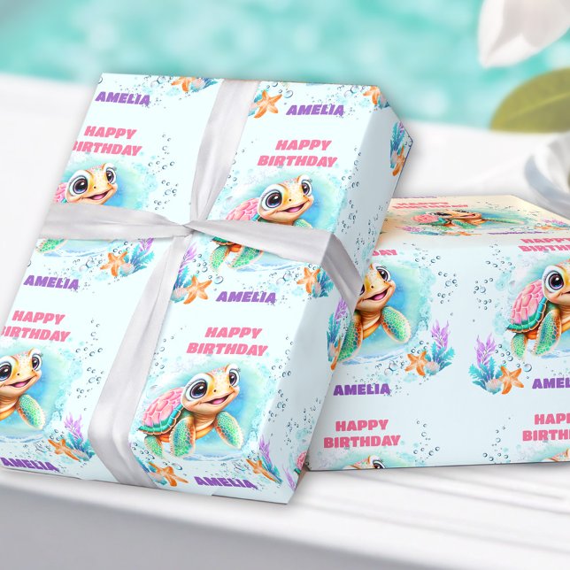 Papier Cadeau Jolie tortue de mer Nom coloré 1er anniversaire (Cute Happy Sea Turtle Colorful Name 1st Birthday Wrapping Paper)
