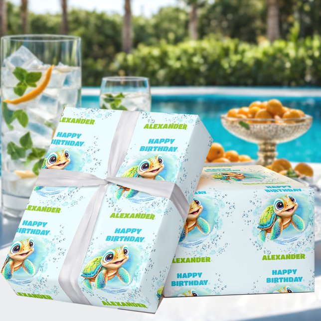 Papier Cadeau Jolie tortue de mer Nom Petit garçon Anniversaire (Cute Happy Sea Turtle Name Little Boy Birthday Wrapping Paper)