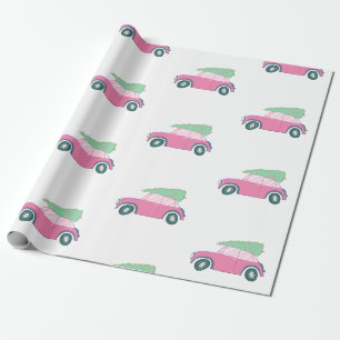 Papier Cadeau Jolie voiture rose avec un sapin de Noël en aquare