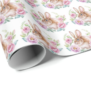 Papier Cadeau Jolie Watecolor Rabbit et Motif de fleurs roses