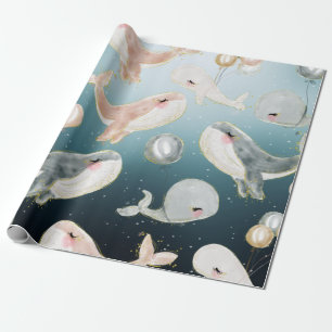 Papier Cadeau Jolies Baleines Aquarelle Dans La Mer Bleue