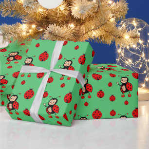 Papier Cadeau Jolies coccinelles sur fond vert