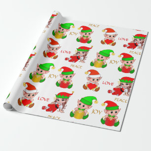 Papier Cadeau Jolies elfes de Noël en blanc