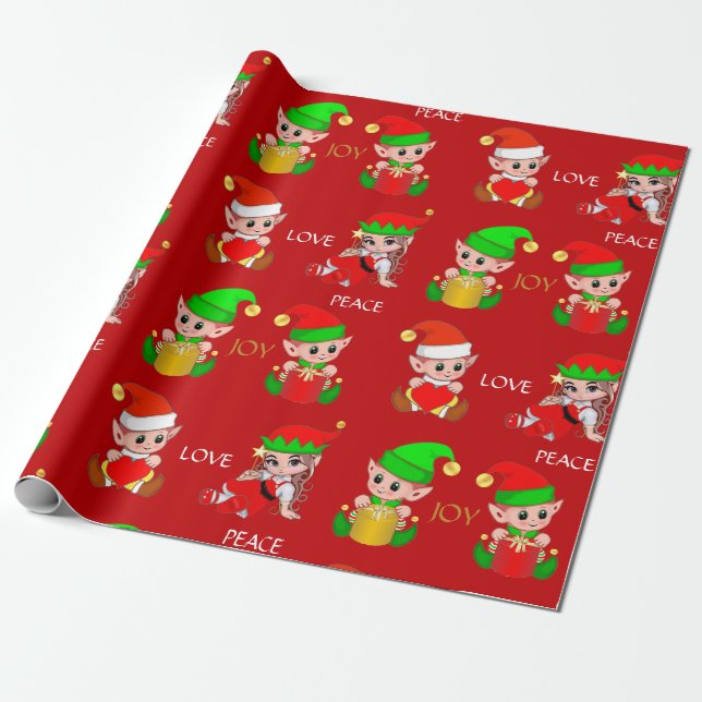 Papier Cadeau Jolies elfes de Noël en rouge (Déroulé)