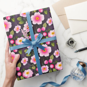 Papier Cadeau Jolies fleurs de cerisier rouges, bleues, jaunes
