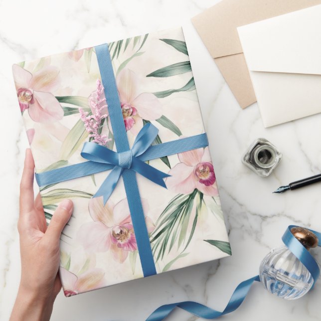 Papier Cadeau Jolies fleurs d'orchidées tropicales roses pour la (Cadeaux)