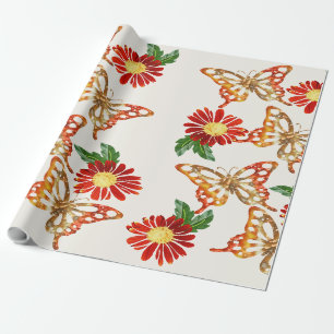 Papier Cadeau Jolies fleurs orange et papillons 