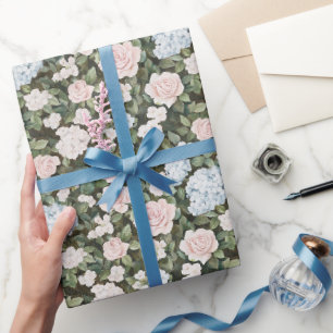 Papier Cadeau Jolies Fleurs Roses Bleues Baby Shower