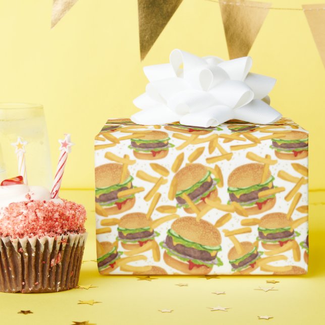 Papier Cadeau jolies hamburgers et frites carrelées (Fête d'anniversaire)