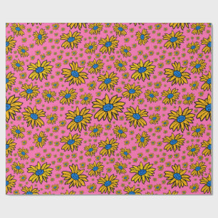 Papier Cadeau Jolies marguerites bleu jaune rose