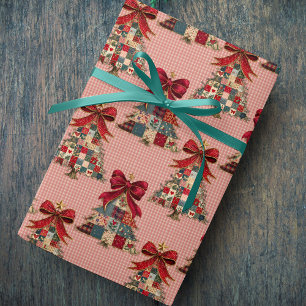 Papier Cadeau Jolis arbres de Noël patchwork en vichy rose