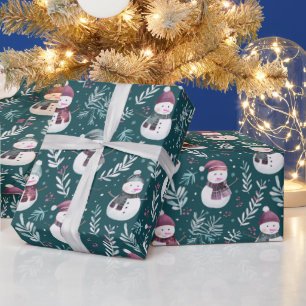 Papier Cadeau Jolis Bonshommes de Neige Verdure Noël Vert