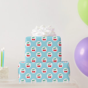 Papier Cadeau Jolis Cerises d'Été Vintage Bleu, Blanc & Rouge