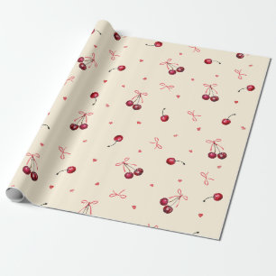 Papier Cadeau Jolis cœurs roses rouges Cerises Rubans Crème