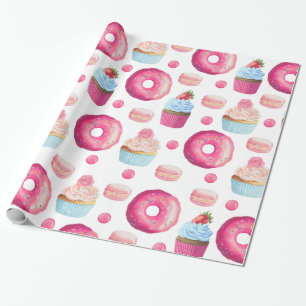 Papier Cadeau Jolis gâteaux et doughnuts roses sur fond blanc