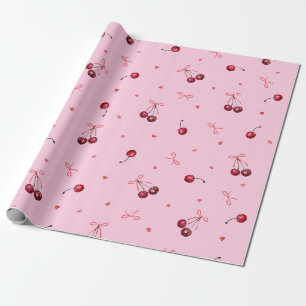 Papier Cadeau Jolis noeuds de cerises rouges coeurs sur rose
