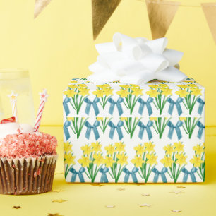 Papier Cadeau Jonquilles jaunes et rubans bleus / artisanat flor
