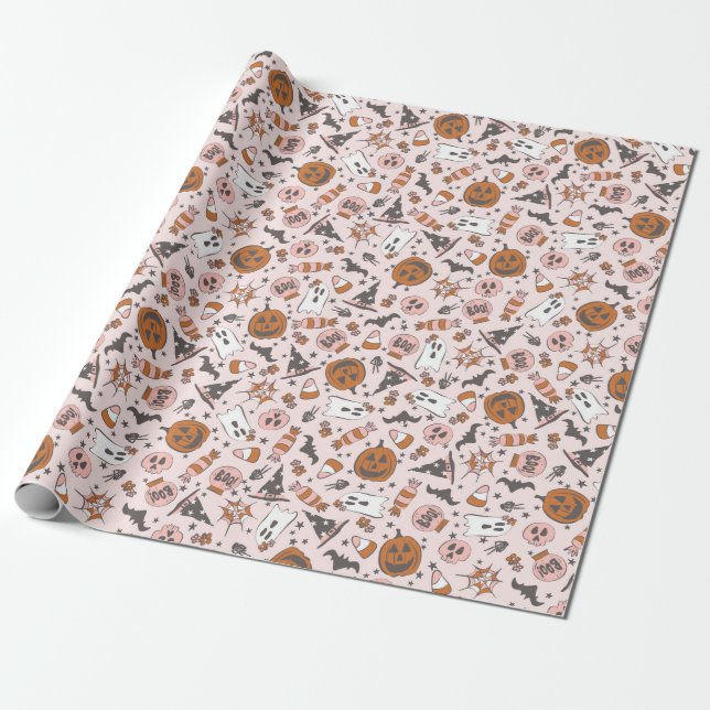 Papier Cadeau Jouer rose Halloween Ghosts Motif Citrouille (Déroulé)