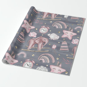 PAPIER CADEAU JOUETS DE FILLES DE BÉBÉ ROSE & GRIS COEUR FLEURS