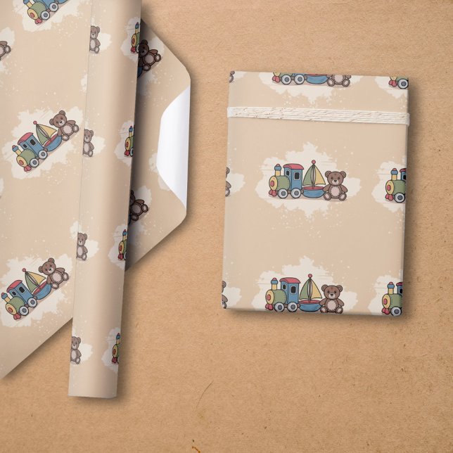 Papier Cadeau Jouets en bois avec train, voilier et ours en pelu (Wooden Toys with train, sailboat, and teddy bear Wrapping Paper)