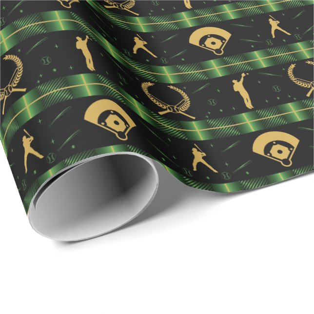 Papier Cadeau Joueur de baseball de Noël - Green Check (Coin rond)