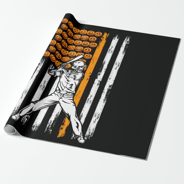 Papier Cadeau Joueur de baseball fan cadeau Skeleton Halloween (Déroulé)