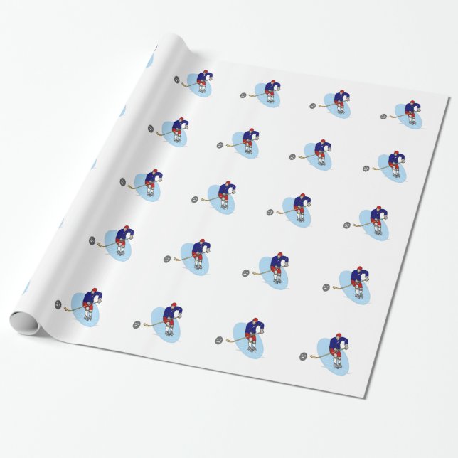 PAPIER CADEAU JOUEUR DE HOCKEY ROUGE ET BLEU (Déroulé)