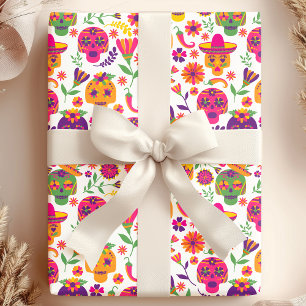 Papier Cadeau Jour De La Mort Blanc Colorée Motif Crâne De Sucre