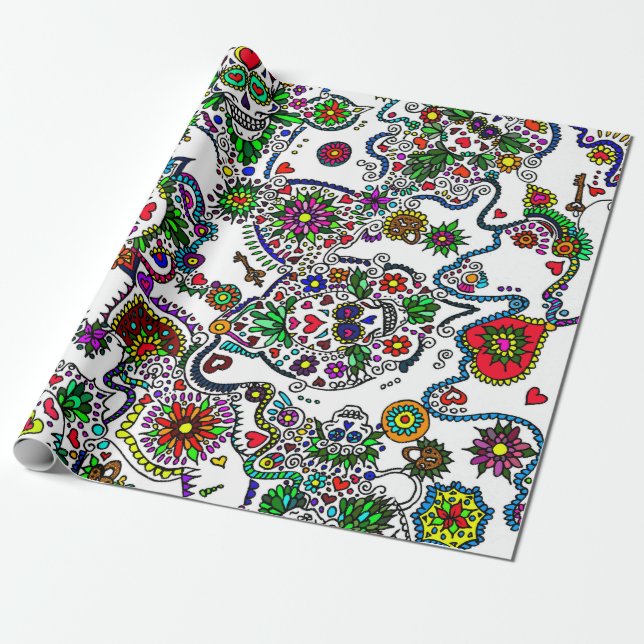 Papier Cadeau Jour De La Morte Candy Crâne Enveloppement Papier (Déroulé)