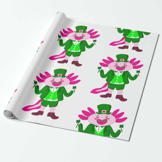 Papier Cadeau Jour de la Saint Patrick Axolotl leprechaun (Déroulé)