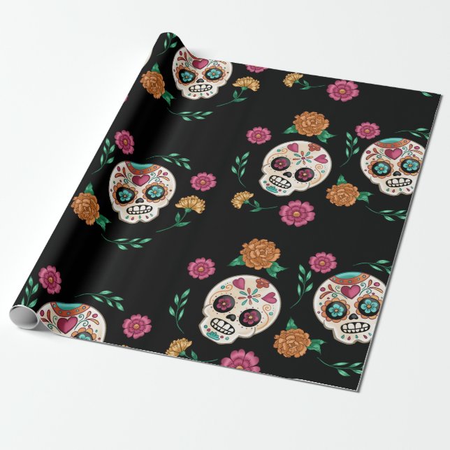 Papier Cadeau Jour des Morts crânes et fleurs de sucre Noir (Déroulé)