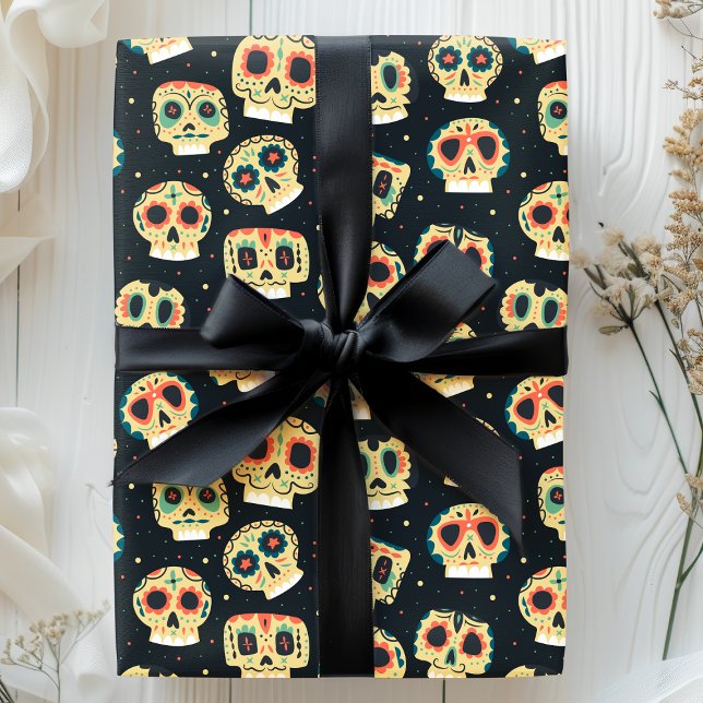 Papier Cadeau Jour des Morts Motif de Crâne en Sucre de Couleur  (Créateur téléchargé)