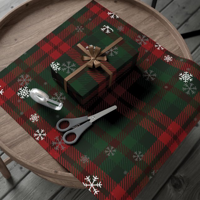 Papier Cadeau Jours fériés de Noël Motif (Snowflakes Plaid Red Green Checkered Christmas Holiday Wrapping Paper)