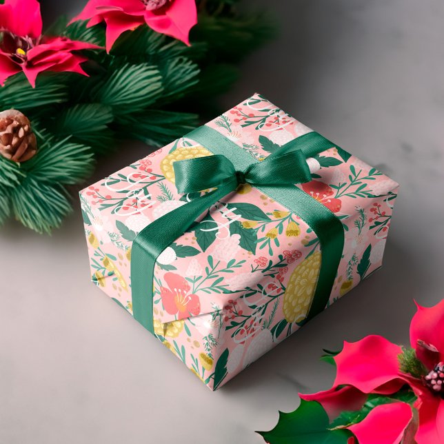 Papier Cadeau Joy Botanical Floral Festive Jardin Motif rose (Joy Botanical Floral Festive Garden Pattern Pink Wrapping Paper)