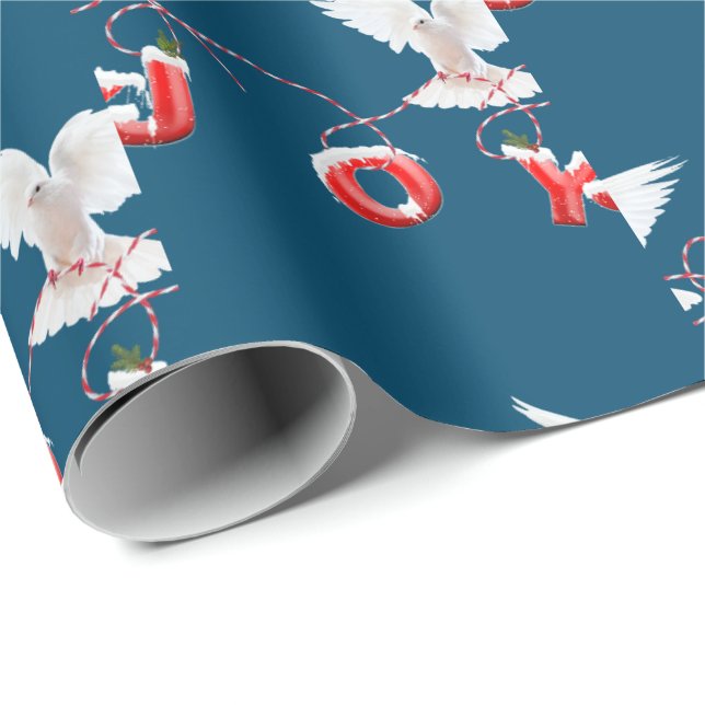Papier Cadeau Joy et Dove sur papier d'enveloppement bleu (Coin rond)